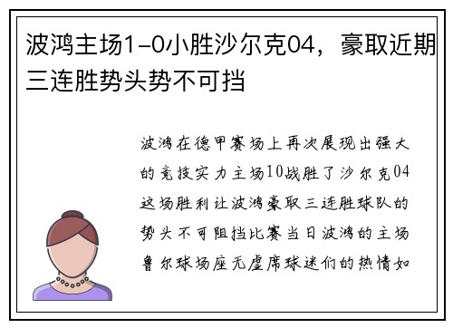 波鸿主场1-0小胜沙尔克04，豪取近期三连胜势头势不可挡